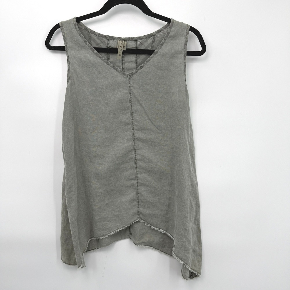 XCVI Linen Tank Top Womens‎ XS Grey Green Raw Hem Boho Lagenlook Indie Hipster